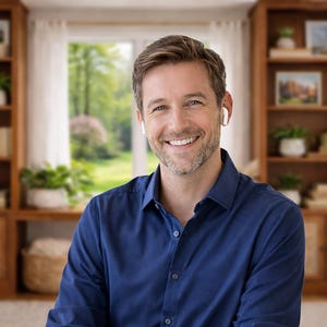 May include: A man wearing a blue button-down shirt and white earbuds smiles at the camera. Behind him are two wooden bookshelves filled with books, plants, and framed pictures. A window with a view of trees is visible.