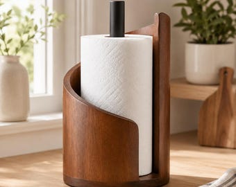 Wooden Paper Towel Holder, Free Standing Round Roll Dispenser for Kitchen Counter, Dining Room or Bathroom