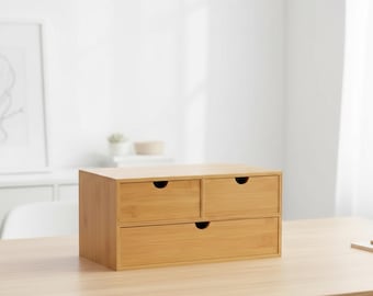 Wood Desk Organizer with Drawer, Bamboo Desktop Storage Box for Office or Home