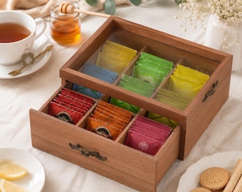 Wooden Tea Box with 9 Compartments, Clear Lid Tea Bag Organizer for Kitchen Pantry Coffee Bar Storage