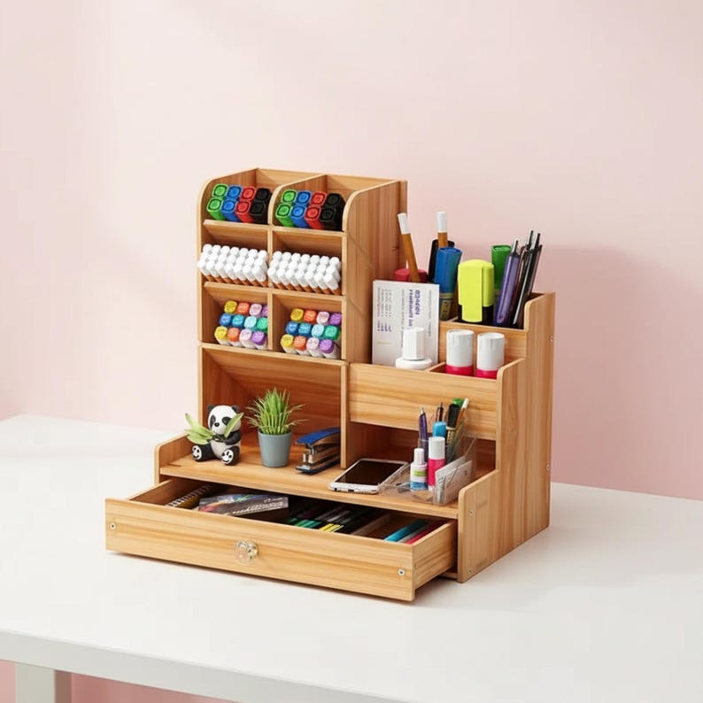 May include: A wooden desk organizer with multiple compartments and a drawer. It holds various office supplies, including pens, markers, and small decorative items. The organizer is made of light-colored wood and sits on a white surface.