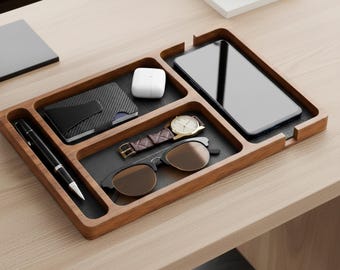 Solid Wood Desk Organizer Tray, Multi-Compartment, Phone & Accessory Holder, Office Deck Decor