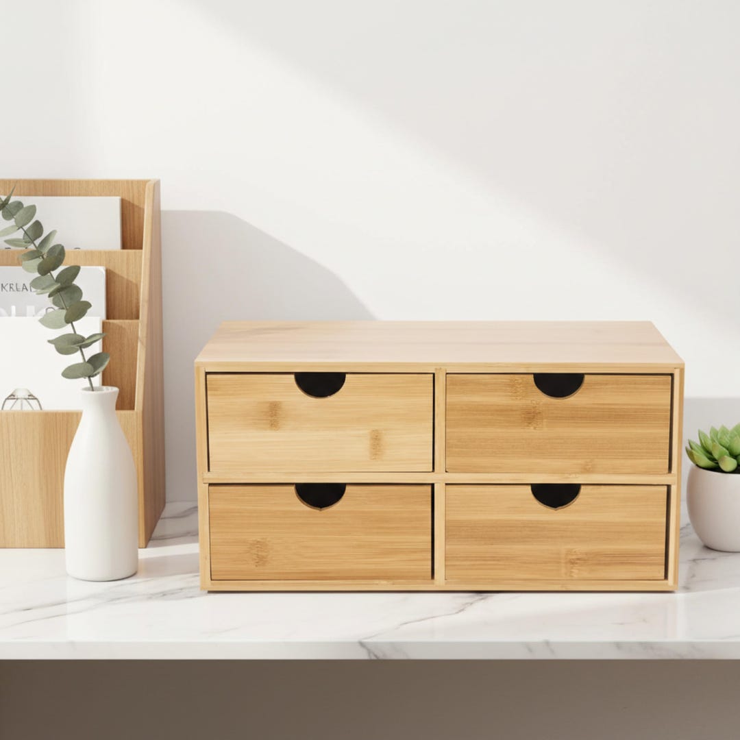 Bamboo Desk Organizer With 4 Drawers, Wooden Desktop Storage Box - Etsy