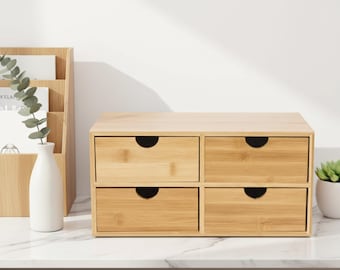 Bamboo Desk Organizer with 4 Drawers, Wooden Desktop Storage Box