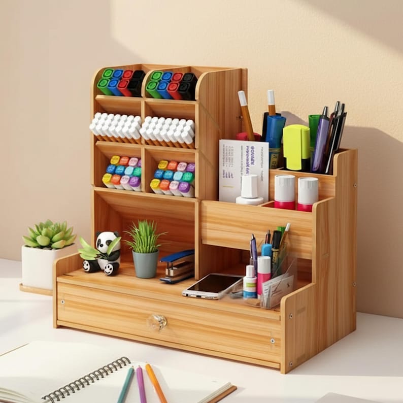 May include: A wooden desk organizer with multiple compartments and a drawer. It holds various office supplies, including pens, markers, and small plants. The organizer is made of light-colored wood and has a clear knob on the drawer.