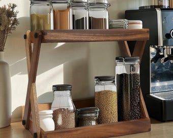 Organizador de café de madera de 2 niveles, estante rústico de estilo granja para encimera.