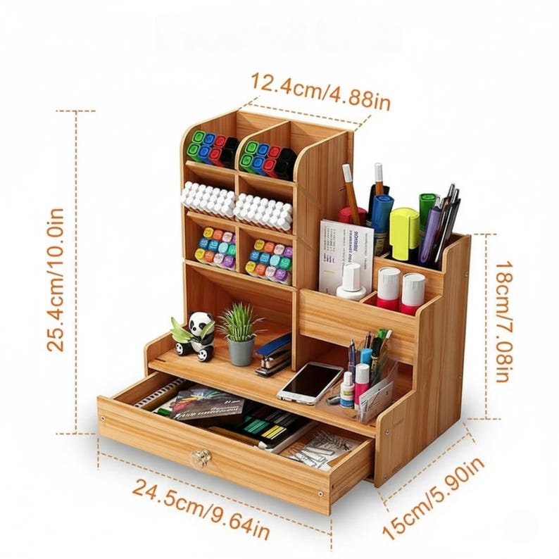 May include: A wooden desk organizer with multiple compartments and a drawer. It measures 10.0 inches high, 9.64 inches wide, and 5.90 inches deep. The organizer has sections for pens, markers, and other office supplies.