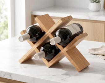 Solid Wood Wine Rack for Countertop, Rustic Wine Storage Shelf for Kitchen, Bar, or Cellar