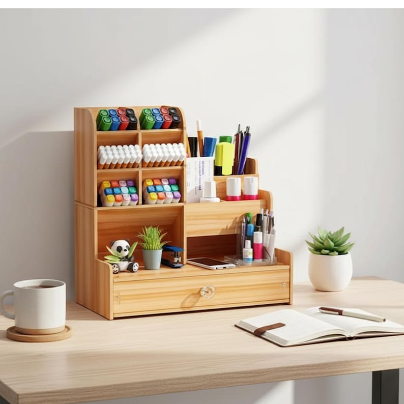 May include: A wooden desk organizer with multiple compartments and a drawer. It holds pens, markers, and other office supplies. A small panda figurine and a potted plant are also visible. The organizer sits on a light-colored desk.