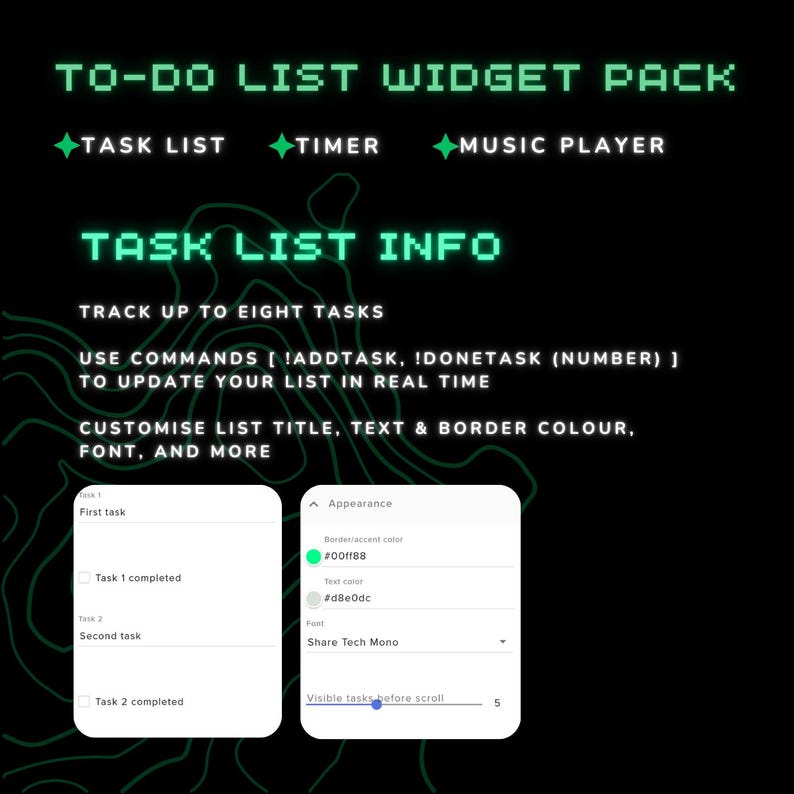 Pode incluir: Um gr&aacute;fico digital que promove um pacote de widgets de lista de tarefas. A imagem apresenta o texto "TO-DO LIST WIDGET PACK" em verde, juntamente com op&ccedil;&otilde;es para uma lista de tarefas, um cron&ocirc;metro e um reprodutor de m&uacute;sica. Texto adicional descreve as informa&ccedil;&otilde;es da lista de tarefas, op&ccedil;&otilde;es de personaliza&ccedil;&atilde;o e comandos.