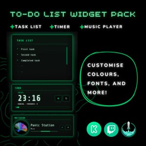 Könnte beinhalten: Digitalgrafik, die ein To-Do-Listen-Widget-Paket bewirbt. Das Design zeigt eine Aufgabenliste, einen Timer und eine Musikplayer-Oberfläche in Neongrün auf schwarzem Hintergrund. Text: "Farben, Schriftarten und mehr anpassen!"