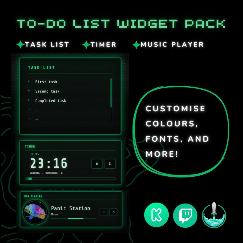 Pode incluir: Gr&aacute;fico digital que promove um pacote de widgets de lista de tarefas. O design apresenta uma lista de tarefas, um cron&ocirc;metro e uma interface de reprodutor de m&uacute;sica em verde neon sobre um fundo preto. Texto: "Personalize cores, fontes e muito mais!"