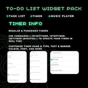 Pode incluir: Gr&aacute;fico digital que promove um pacote de widgets de lista de tarefas. A imagem apresenta o texto "TO-DO LIST WIDGET PACK" e lista recursos como lista de tarefas, cron&ocirc;metro e reprodutor de m&uacute;sica. Ele tamb&eacute;m mostra informa&ccedil;&otilde;es do cron&ocirc;metro e op&ccedil;&otilde;es de personaliza&ccedil;&atilde;o.