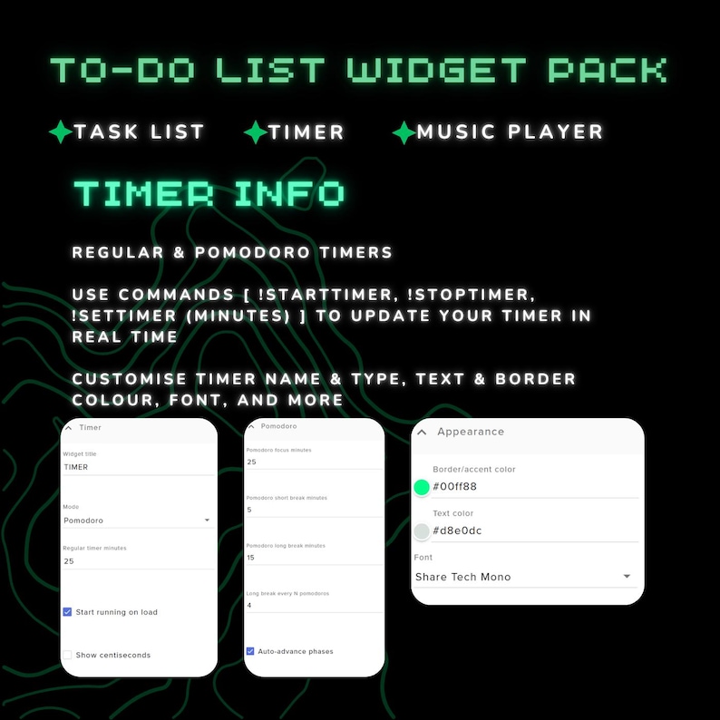 Pode incluir: Gr&aacute;fico digital que promove um pacote de widgets de lista de tarefas. A imagem apresenta o texto "TO-DO LIST WIDGET PACK" e lista recursos como lista de tarefas, cron&ocirc;metro e reprodutor de m&uacute;sica. Ele tamb&eacute;m mostra informa&ccedil;&otilde;es do cron&ocirc;metro e op&ccedil;&otilde;es de personaliza&ccedil;&atilde;o.