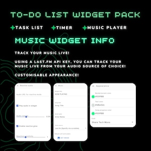 Pode incluir: Gr&aacute;fico digital que promove um pacote de widgets de lista de tarefas. A imagem apresenta texto verde, incluindo "Task List", "Timer" e "Music Player". Tamb&eacute;m mostra op&ccedil;&otilde;es de apar&ecirc;ncia personaliz&aacute;veis e informa&ccedil;&otilde;es do widget de m&uacute;sica.