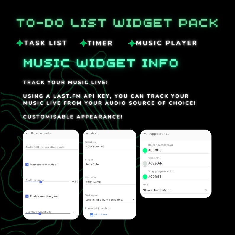 Pode incluir: Gr&aacute;fico digital que promove um pacote de widgets de lista de tarefas. A imagem apresenta texto verde, incluindo "Task List", "Timer" e "Music Player". Tamb&eacute;m mostra op&ccedil;&otilde;es de apar&ecirc;ncia personaliz&aacute;veis e informa&ccedil;&otilde;es do widget de m&uacute;sica.