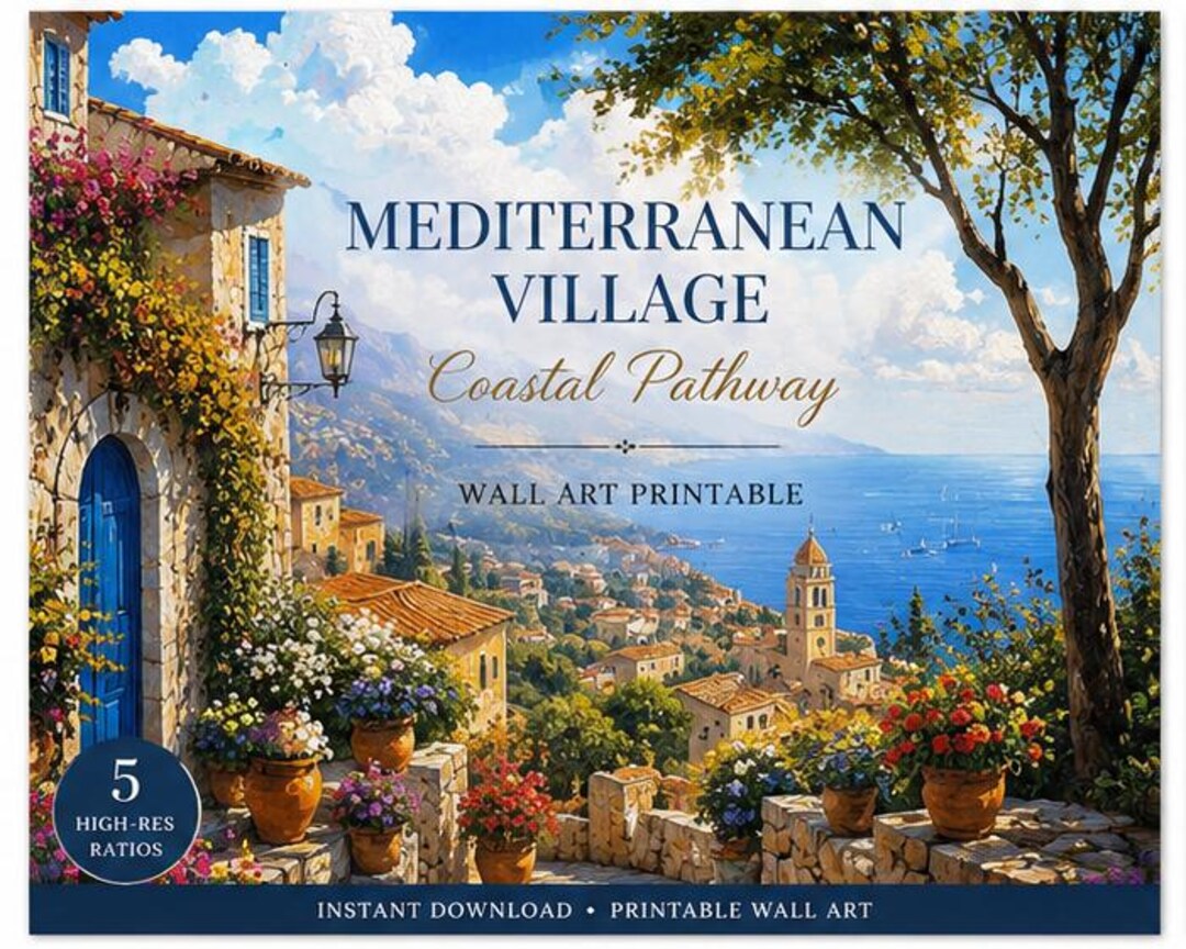 Mediterranean Coastal Village Wall Art Print | Printable Landscape ...