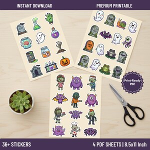 Kawaii Halloween Stickers Printable Sheet, 36+ Spooky Ghost Zombie Digital Stickers, Cute Monster Lab DIY Crafts, Instant Download