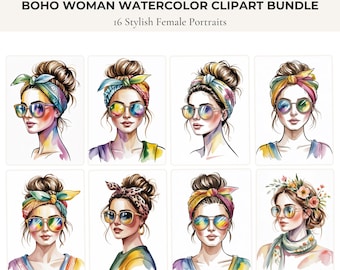 Watercolor Boho Woman Clipart Bundle, Female Portrait PNG Set, Bohemian Women Illustrations, Commercial Use, Digital Download
