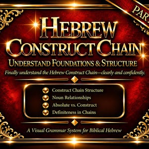 May include: A graphic with a red and gold design, featuring the title "Hebrew Construct Chain" in gold lettering. The image includes text about understanding foundations and structure, with a list of topics and the phrase "A Visual Grammar System for Biblical Hebrew."