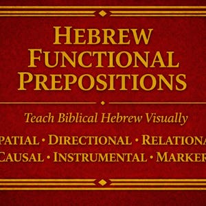 Puede incluir: Fondo rojo con texto dorado y bordes decorativos. El texto dice "Hebrew Functional Prepositions" y "Teach Biblical Hebrew Visually". El texto adicional enumera espacial, direccional, relacional, causal, instrumental y marcadores.