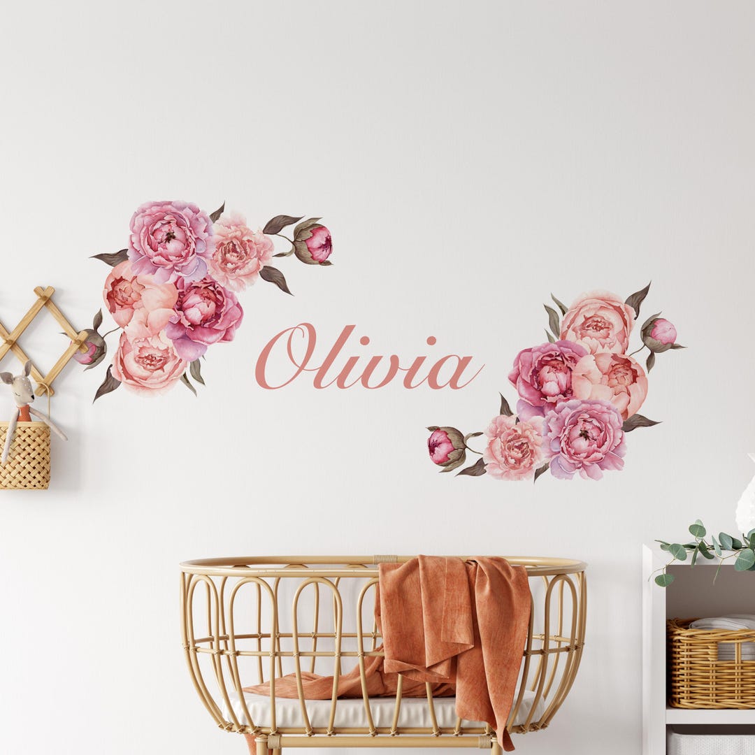 Peony Flower Wall Decals - Floral Wall Decal Set, Custom Name Nursery ...