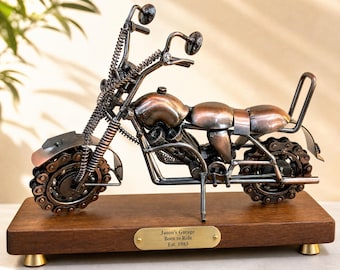 Escultura de motocicleta personalizada, regalo personalizado para motociclistas con placa de latón grabada, decoración de motocicleta de metal, regalo conmemorativo de jubilación para papá