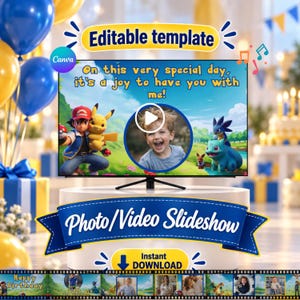 Pode incluir: Um modelo digital editável para uma apresentação de fotos e vídeos com uma tela de televisão exibindo um gráfico de aniversário com personagens Pokemon, um espaço circular para foto e o texto On this very special day, it's a joy to have you with me.