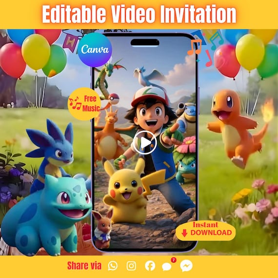 Pokemon Video Invitation with Photo, Pikachu and Friends Animated Invite, Editable Canva Template, Birthday Party Theme (Digital Download)