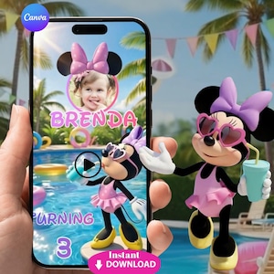 May include: A smartphone screen displays a birthday-themed graphic featuring Minnie Mouse. The design includes a photo of a child, the name "Brenda," and the text "Turning 3." Minnie Mouse characters are also present, along with a "Instant Download" button.