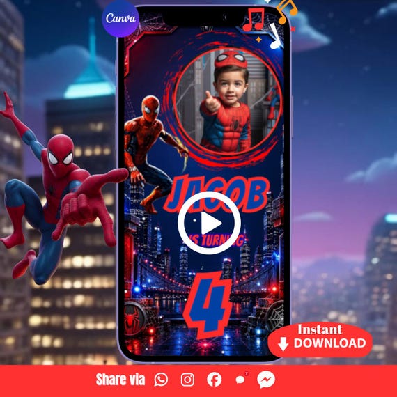 Spider Man Birthday Video Invitation, Animated Digital Invite with Photo, Editable Template, Instant Download