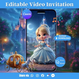 Pode incluir: Um convite de vídeo editável exibido na tela de um smartphone com um personagem de desenho animado em um vestido azul diante de um castelo à noite. A imagem inclui uma carruagem dourada, dois cavalos brancos, notas musicais e etiquetas.