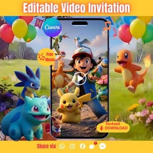 May include: A digital invitation featuring a cartoon scene with a character and several animated creatures. The invitation includes the text "Editable Video Invitation", "Canva", "Free Music", and "Instant Download". Colorful balloons and musical notes are also present.