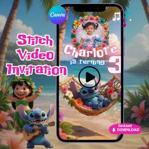 Puede incluir: Una invitación de video digital con los personajes Stitch y Lilo de la película de Disney Lilo & Stitch. La invitación incluye el texto "Stitch Video Invitation" y "Charlotte cumple 3". El diseño tiene un tema tropical con un fondo de playa.