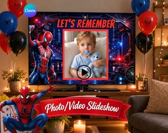 May include: A digital display featuring a Spider-Man themed photo and video slideshow template. The screen shows a child holding a teddy bear, surrounded by red, blue, and black balloons, with the text Let's Remember and Photo/Video Slideshow.