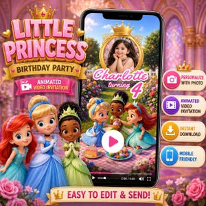 Może przedstawiać: Szablon animowanego zaproszenia wideo na przyjęcie urodzinowe Little Princess z postaciami księżniczek, konfigurowalną ramką na zdjęcia ze złotą koroną oraz tekstem Charlotte turning 4, z przyciskami do personalizacji i pobierania.