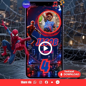 May include: A digital birthday invitation template featuring a Spider-Man theme with a city skyline background, a circular photo frame, the name Jacob, and the number 4 in red and blue. The design includes a web pattern and musical note icons.
