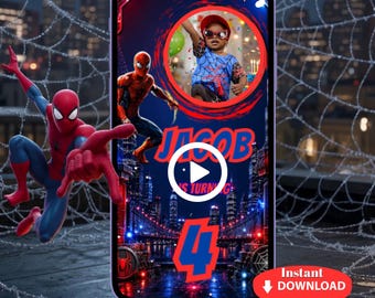 Spider Man Birthday Video Invitation, Animated Digital Invite with Photo, Editable Template, Instant Download