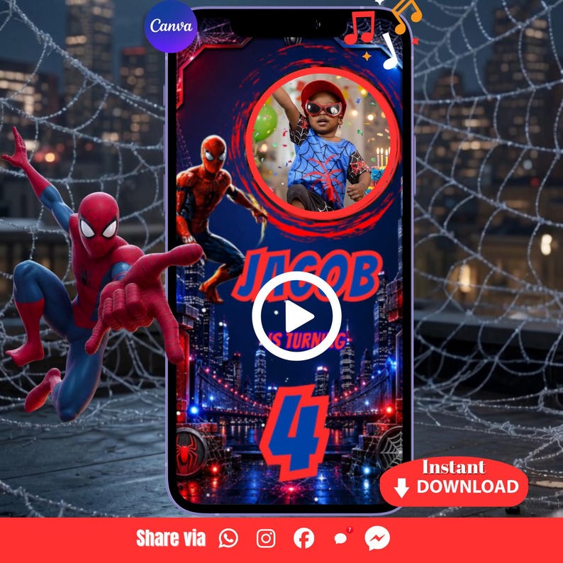 May include: A digital birthday invitation template featuring Spider-Man, a city skyline, and a circular photo frame. The text reads Jacob is turning 4. The design includes a play button icon, musical notes, and a red and blue color scheme.