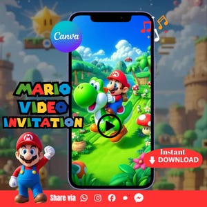 Super Mario födelsedagsinbjudningsvideo, redigerbar Canvas-mall, digital nedladdning för barnkalas
