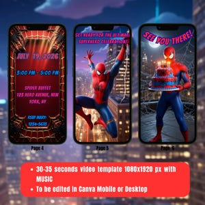 May include: Three smartphone screens displaying a digital invitation template featuring Spider-Man. Text includes July 19, 2026, 3:00 PM - 5:00 PM, Spider Buffet, 123 Hero Avenue, New York, NY, RSVP Mary: 1234-5678, Get Ready For The Ultimate Superhero Celebration!, See You There!