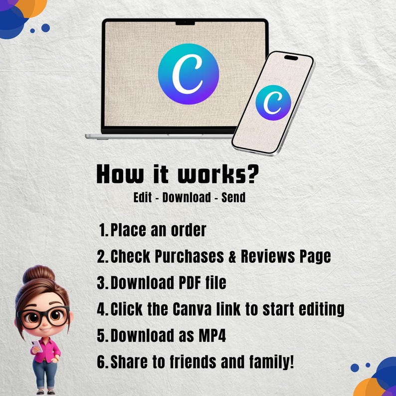 May include: A laptop and smartphone displaying the blue and purple Canva logo. Text reads: How it works? Edit - Download - Send. 1. Place an order 2. Check Purchases & Reviews Page 3. Download PDF file 4. Click the Canva link to start editing 5. Download as MP4 6. Share to friends and family!
