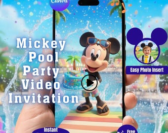 Mickey Mouse Pool Party Birthday Video Invitation with Photo – Editable Canva Template (Instant Download)