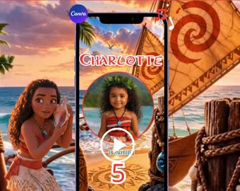 Invito video di compleanno a tema Moana, invito animato per feste con foto, modello Canva modificabile, download immediato