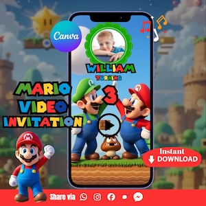 Pode incluir: Um convite em vídeo digital com tema Mario para o terceiro aniversário de uma criança. O design apresenta Mario e Luigi, o texto "MARIO VIDEO INVITATION", o nome da criança e uma foto. O convite é projetado para ser compartilhado nas redes sociais.