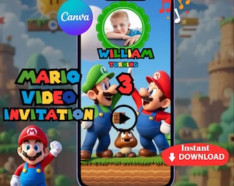 Super Mario Birthday Invite Video Template, Editable Kids Party Invitation, Canva Download