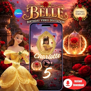 Puede incluir: Una plantilla de invitación de vídeo de cumpleaños digital con un personaje de Bella en un vestido amarillo, un smartphone con la foto de un niño en un marco dorado, una rosa roja en una cúpula de cristal y el texto Belle Birthday Video Invitation.