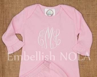 White or Pink Ruffle Monogrammed Baby Gown Baby Girl Script Circle Gown Stacked Monogram
