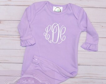 Lavender Monogrammed Baby Gown, Baby Girl, Script Circle Monogram Ruffle Gown