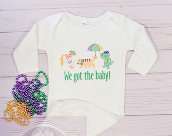 We Got the Baby! Animal Parade Mardi Gras Baby Gown, Knit Baby Gown, Mardi Gras Outfit, Pregnancy Announcement, Baby Introduction